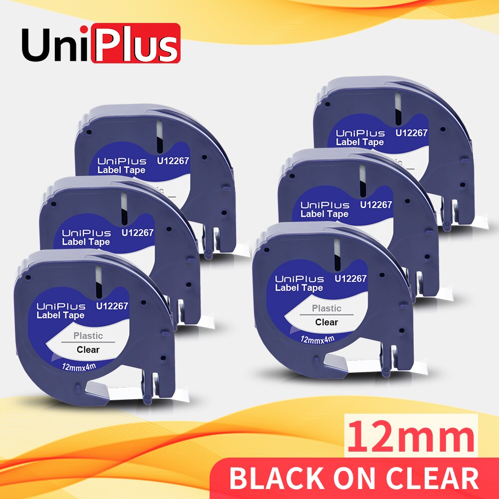 Uniplus 6PK Compatibel Dymo Label Printer Dymo Letratag Label Tape 12267 Zwart Op Helder 12Mm Voor Dymo Tape Lt lint Printer 4M