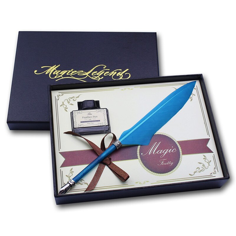 Mini Antique Europe Style Feather Pen Set Quill Calligraphy Writing Pen: Sky Blue