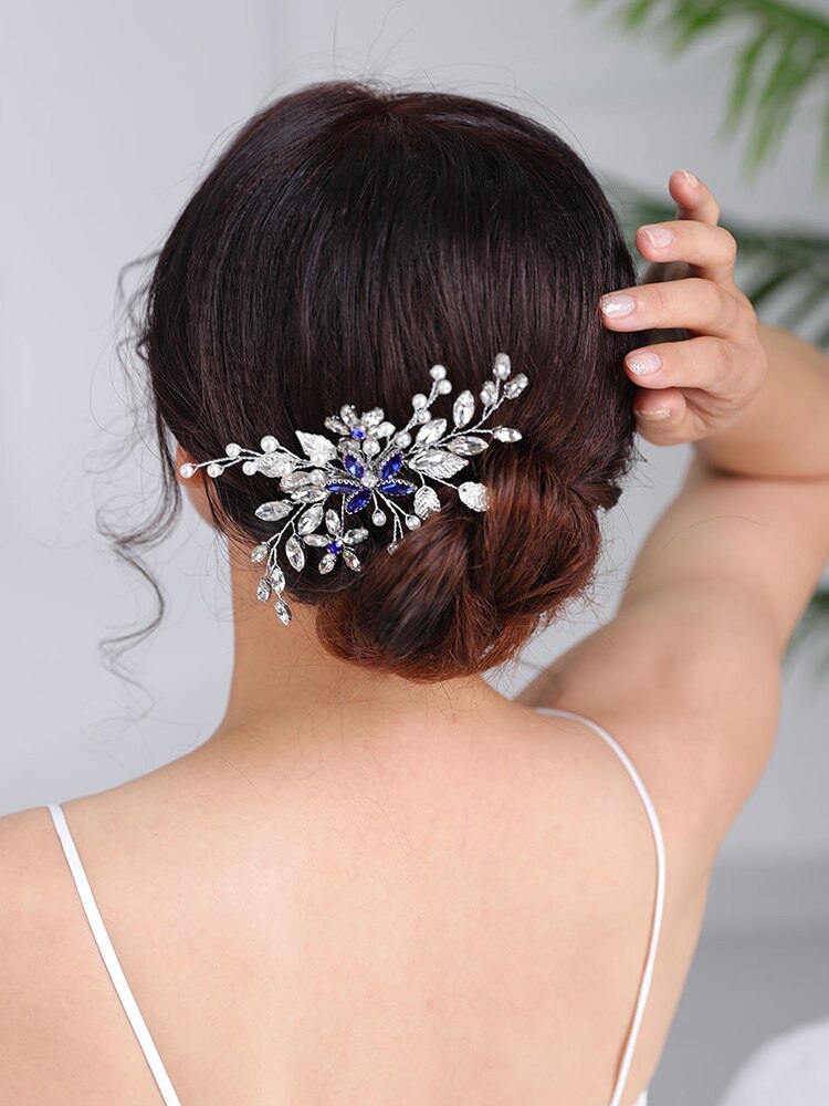Accesorios para el cabello de boda, peineta azul, tocados casuales, tocados Chic, tocados de diamantes de imitación, joyería de cabeza nupcial para mujeres