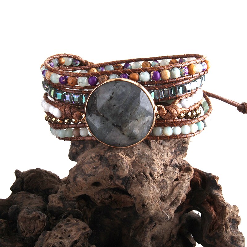 RH Handma Bohemian Jewelry Boho Armbander Natural Stones Big Charm 5 Strands Wrap Bracelets