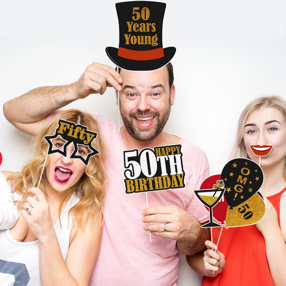 Amosfun-atrezo para fotografía de para adultos, conjunto de oro negro, Decoración de cumpleaños, 50 ° cumpleaños, 21 Uds.