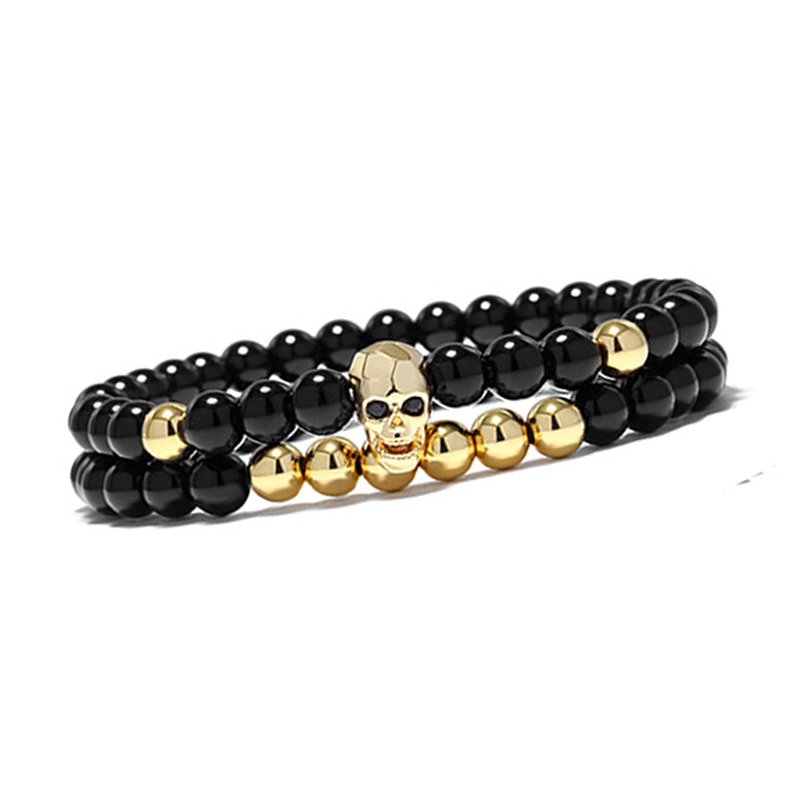6mm shinny onyx Stein perlen armband schädel männer armbänder für frauen schmuck pulsera hombre armband zubehör bileklik