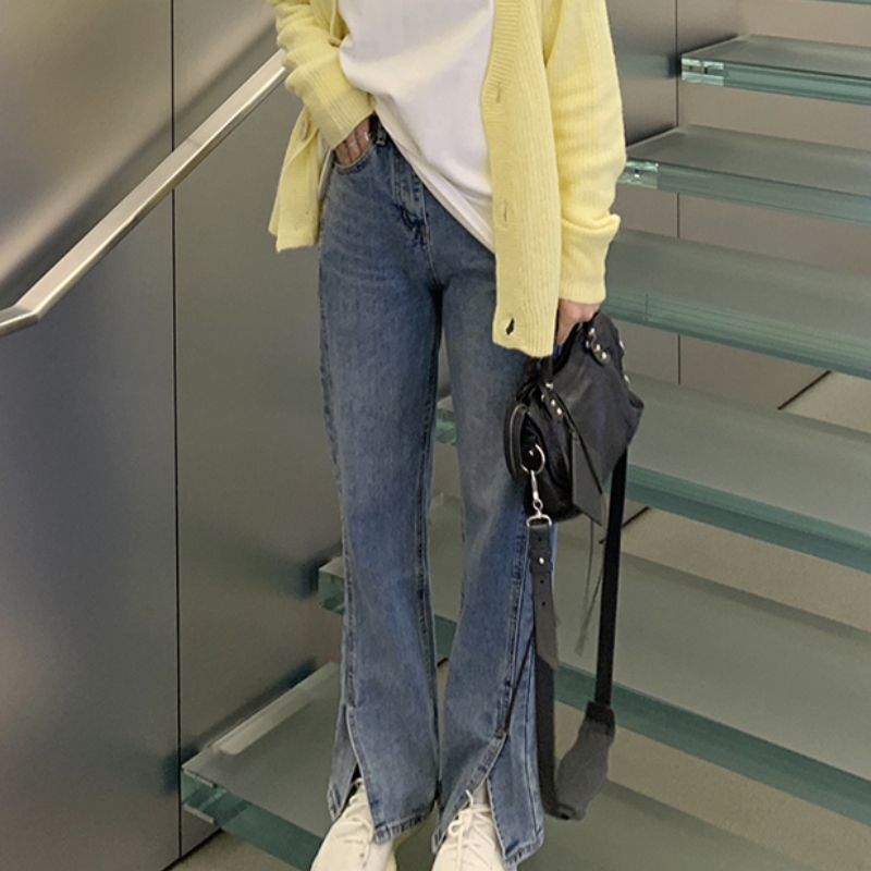 Jeans Women Oversize M-4xl All-match Full Length Flare Trousers Side Split Solid Casual Popular Street Teen Denim