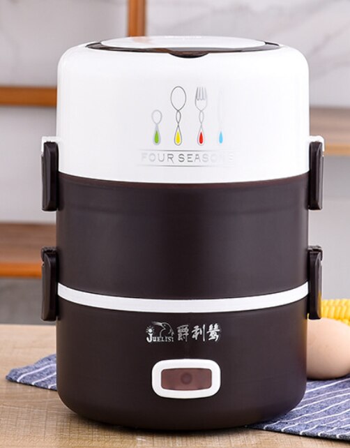 Elektrische lunchbox, mini rijstkoker, elektrische pot, voedselverwarmer, kleine draagbare multicooker, eierkoker, roestvrijstalen soep-stomer: Bruin 3 lagen / Eu