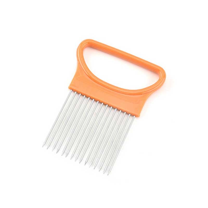 Tenedor de cocina de soporte para corte fácil de cebolla, rebanador de verduras de plástico de acero inoxidable, cortador de tomate, dispositivos con agujas para carne, herramientas de carne 10: Naranja