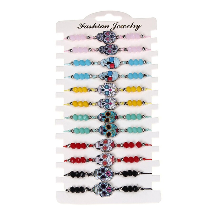 Pulsera de cuerda trenzada con conchas de cristal para mujer, brazalete ajustable hecho a mano con de Calavera, mariposa y mal de ojo, 12 unids/lote