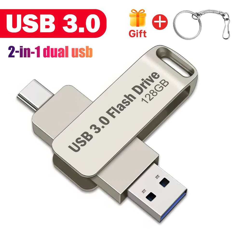 Type-C Usb Flash Drives 3.0 128gb pendrive 64gb флэш-накопител stick Type-c Pen Drive for Phone PC TYPE-C 2 IN 1 Free key Ring