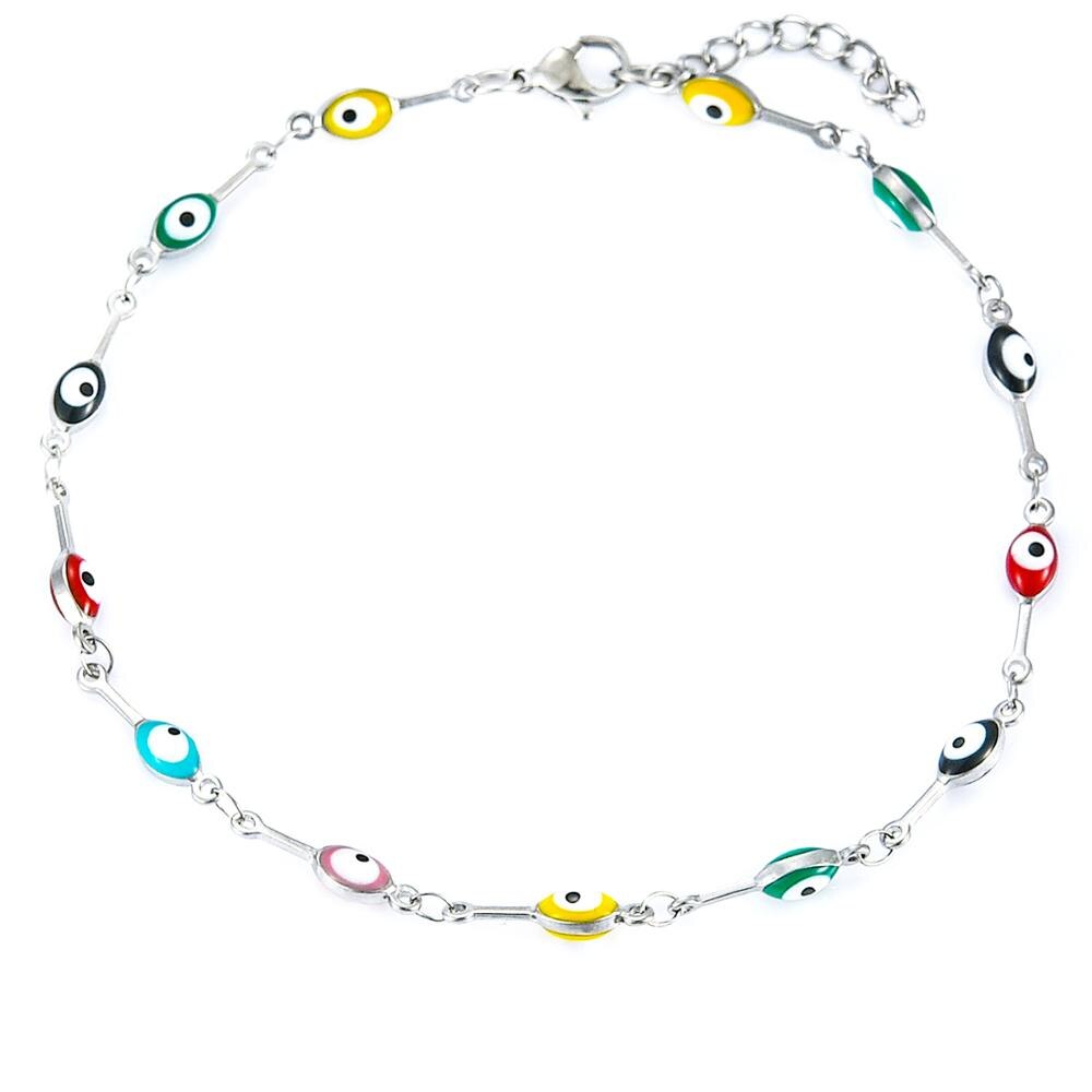 Pulsera de tobillo de acero inoxidable con cuentas de esmalte de 4MM, superposición de oro con Mini pulsera ajustable de estilo de ojo malvado de colores con extensor: Muti Color / 17.5cm Bracelet