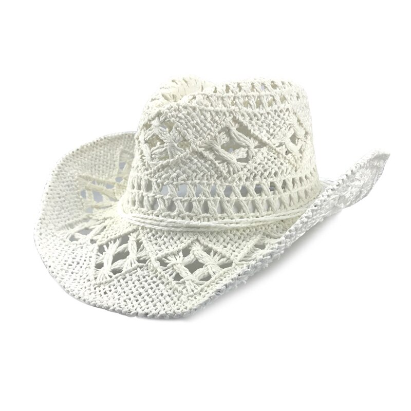 Hollow Out Men Straw Hat Western Cowboy Hat Beach Cap Solid Color Unisex Shading Hand Made Summer Hat: 03