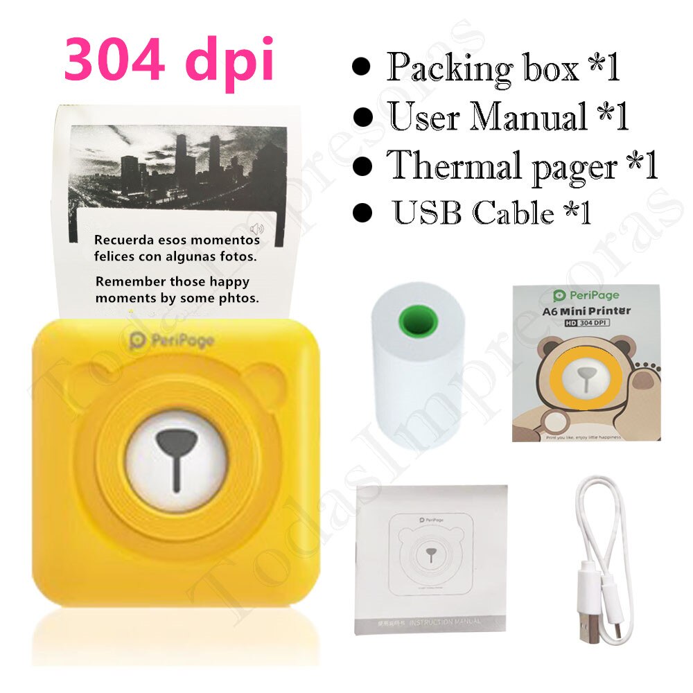 Peripage – Mini-imprimante thermique A6, 304dpi, Bluetooth, couleur marron jaune, téléphone portable, Android IOS,: A6 304 Yellow