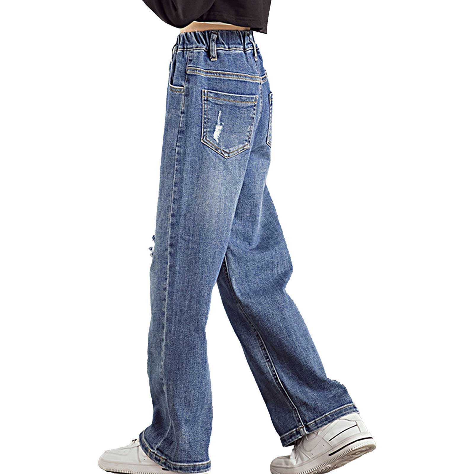 Pantalones vaqueros de para niños y niñas, Jeans de pierna ancha con cintura elástica lavada, pantalones de Jean informales, pantalones holgados de 5 a 14 años