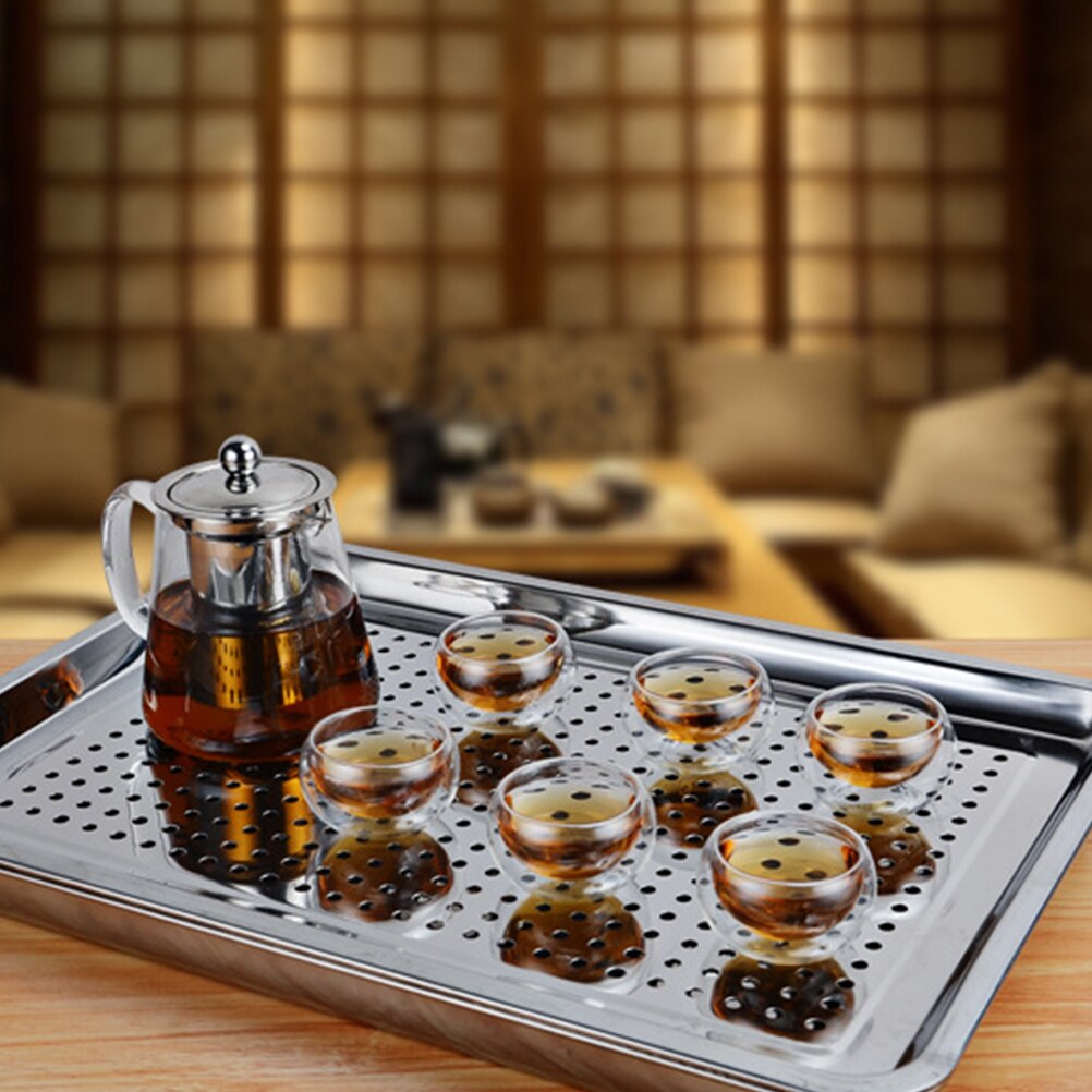 Stainless Steel Tea Cup Tray Household Tea Plate Japanese Style Hollow Tray Holder for Home Teahouse (36x27cm)