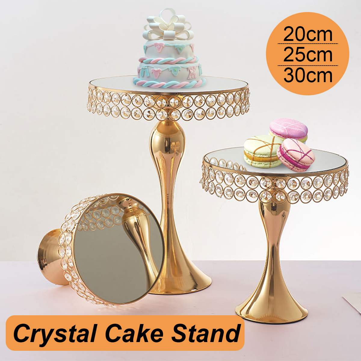 Gylden krystal kage stativ cupcake bakke spejl overflade bryllupsfest dekoration metal krystaller kager holder kop kage bakker værktøj