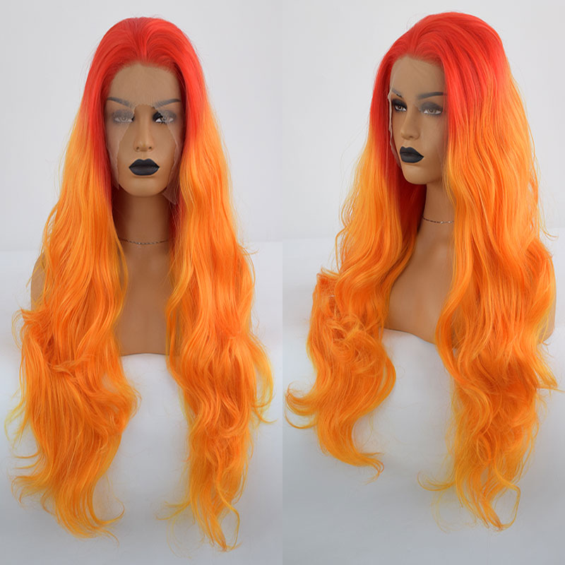 Bombshell Red Ombre amarillo, Peluca de pelo sintético naranja con malla frontal Body Wave fibra resistente al calor pelo División media para peluca de mujer