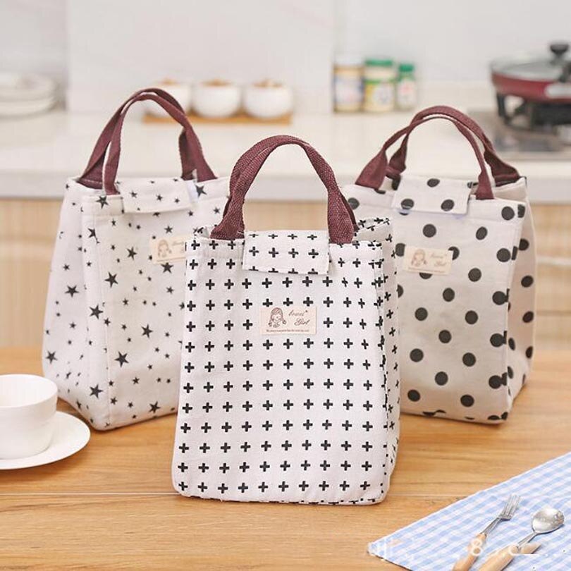 Waterproof Leisure Bag Cooler Lunch Bags Black Dot Pattern Hook Loop Opener Tote kids Warm Keeper Insulation Picnic Lunch Box