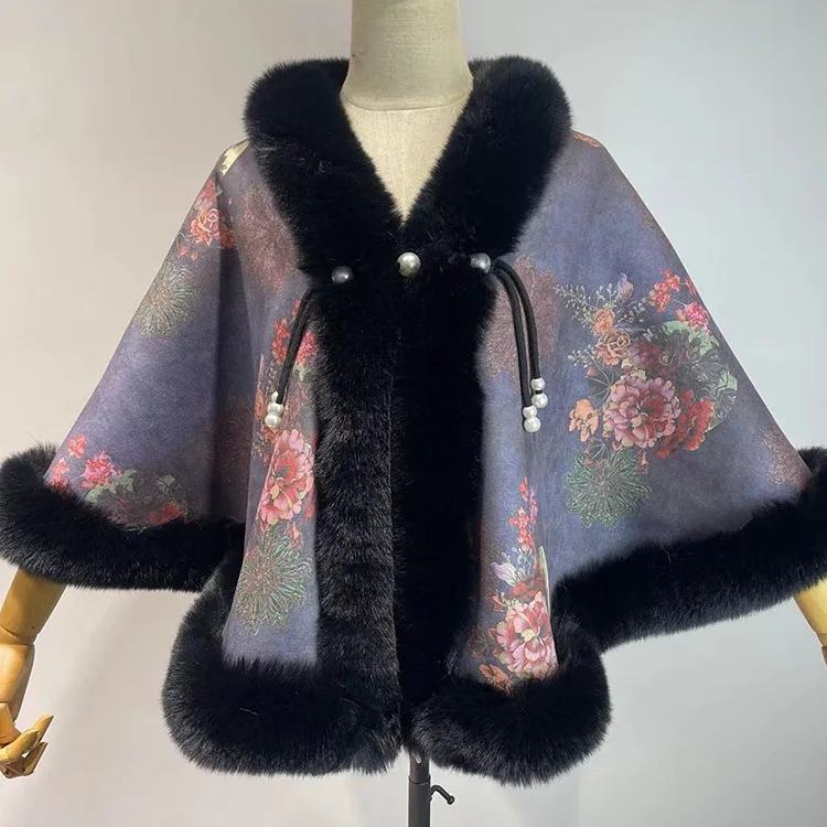 Poncho Mantel Schal Damen Herbst Winter Kurzer Druck Plüsch Verdickter Nachahmung Kaninchenfell Kragen Cheongsam Hochzeit Cape Mantel: Blue