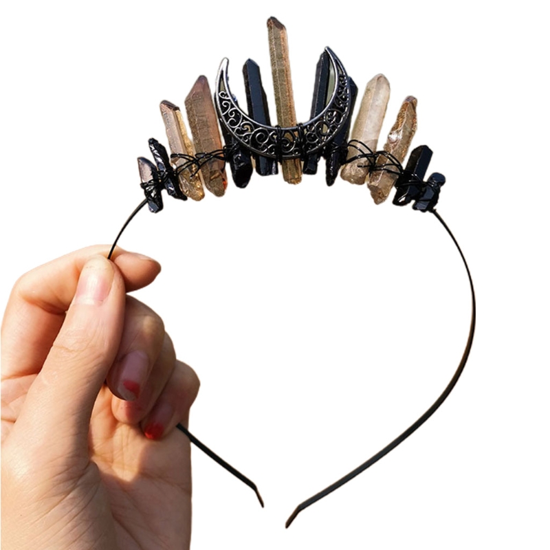 Handmade Faux Raw Crystal Headband Quartz Black Moon Bridal Alloy Tiara Crown Ladies Wedding Party Bridal Jewely Headdress