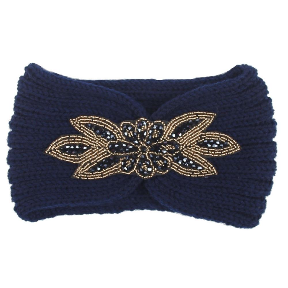Winter Warmer Oor Gebreide Hoofdband Boog Strass Hoofddeksels Voor Vrouwen Meisjes Europese Effen Tulband Brede Haarband: Navy