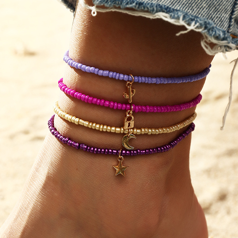 Boho Candy Beads Charm Multilayer Anklets Star Butterfly Key Pendant Handmade Foot Chain Bracelet Barefoot Beach Jewelry Bijoux: FZ0162