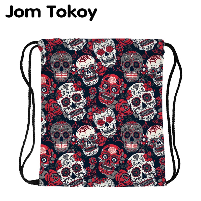 Jomtokoy skull printing dragsko väska kvinnor polyester string dragsko ryggsäck