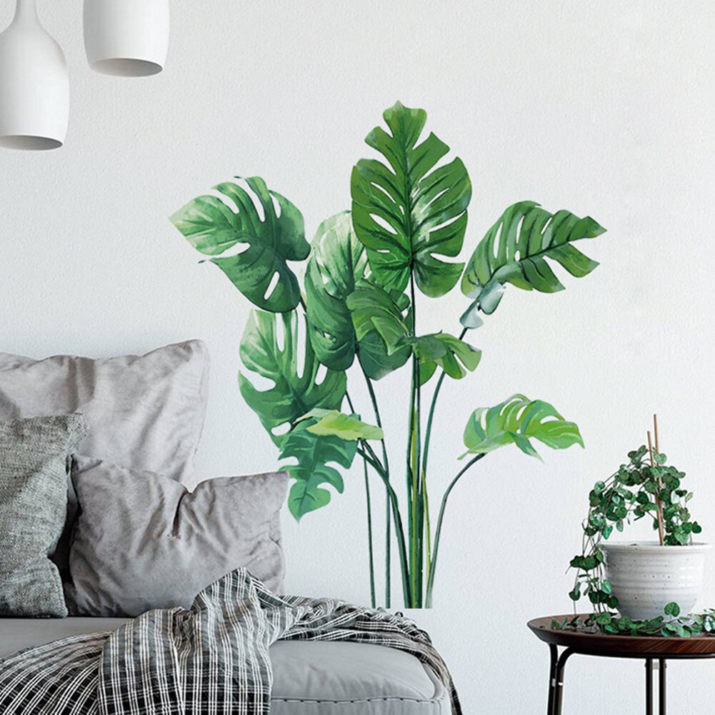 Adhesivo para Mural de pared de planta verde con hojas tropicales, adhesivo para sala de estar
