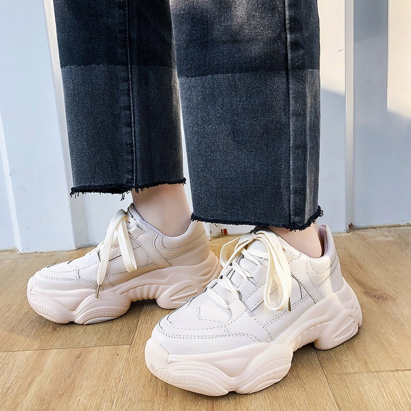 Kvinder hvide sneakers platform chunky sko dame kurv kvindelige sneakers læder snøre afslappet sko kvinde