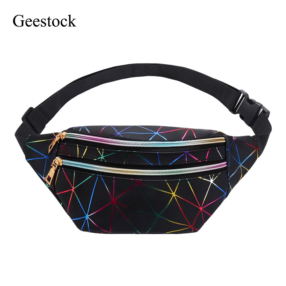 Geestock holografiske talje tasker til kvinder banan kvindelig fanny pack hoftebæltetaske geometriske talje pakker brystposer: Sort