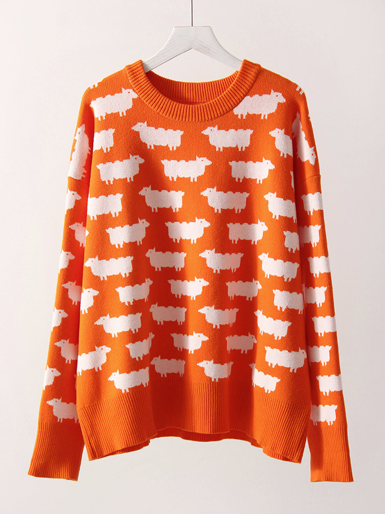 Høstlig søt posete genser med trykk til dame varm o-hals overdimensjonert gensere strikkede røde løse gensere dame grønn genser