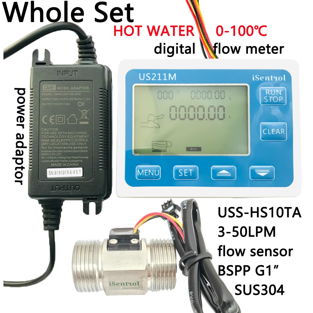 Water US211M Digital Water Flow Meter with SUS304 Stainless Steel G1" USS-HS10TA 3-50L/min Hall Water Flow Sensor Reader