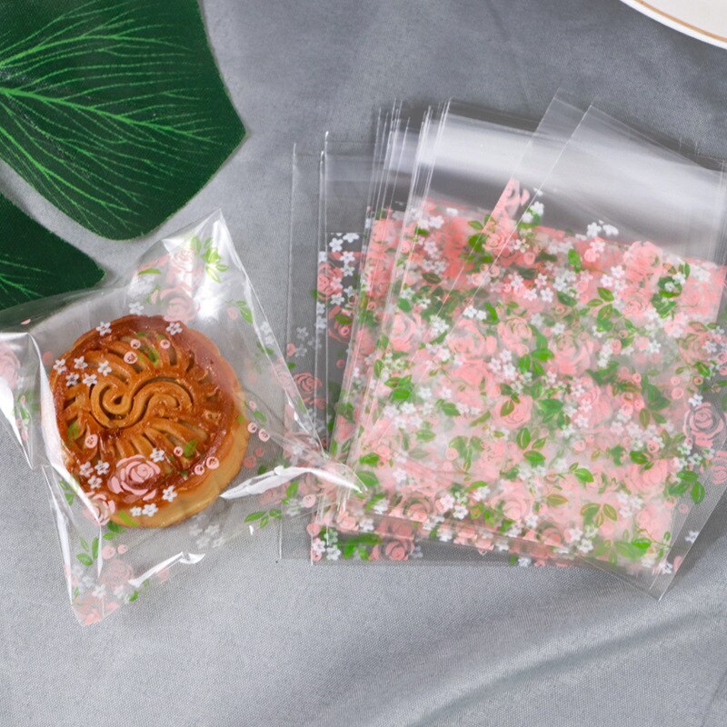 100 Stks/partij 4 Maten Bloem Plastic Zelfklevende Cookie Verpakking Bag Wedding Candy Decoratie Tas Rose Mooncake Zakken