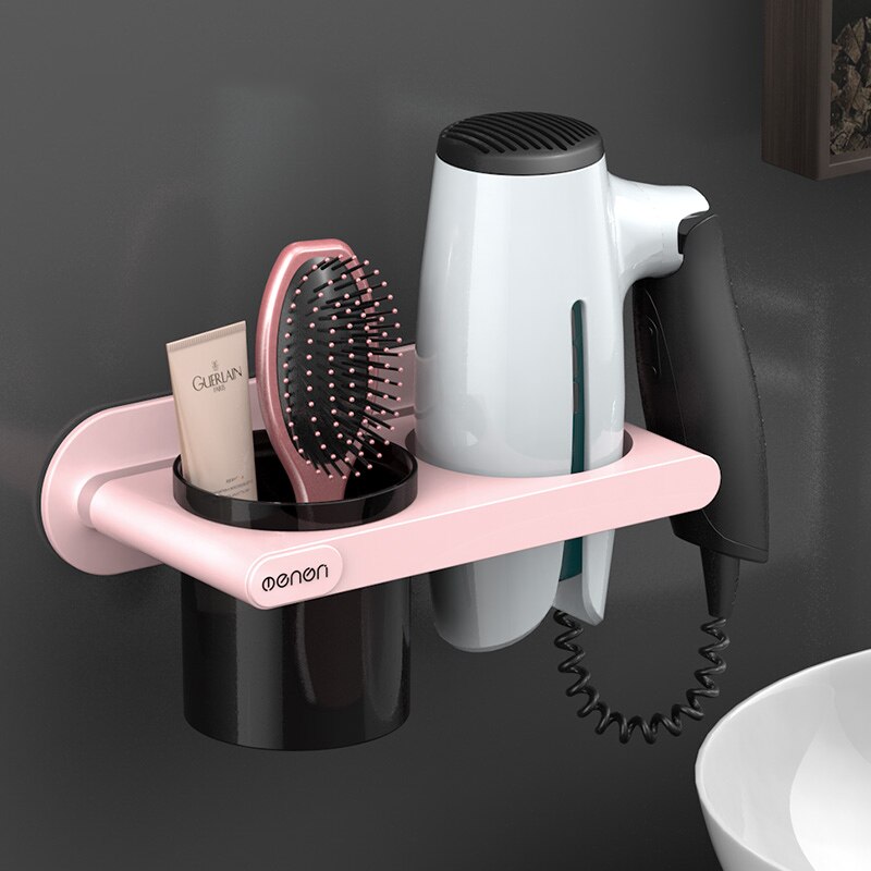 UNTIOR Plastic Föhn Houder met Storage Cup Wall Mount Föhn Plank Opslag Nail Gratis Slaapkamer Badkamer Accessoires Set: Pinke1