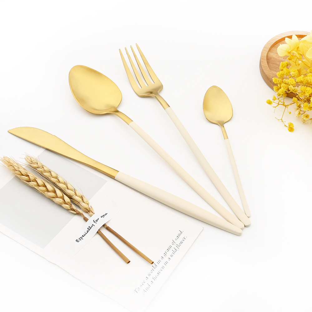 1Pcs Bestek Set 304 Rvs Kleurrijke Servies Set Lepel Mes Servies Set Zilverwerk Beige Goud Keuken Accessoires