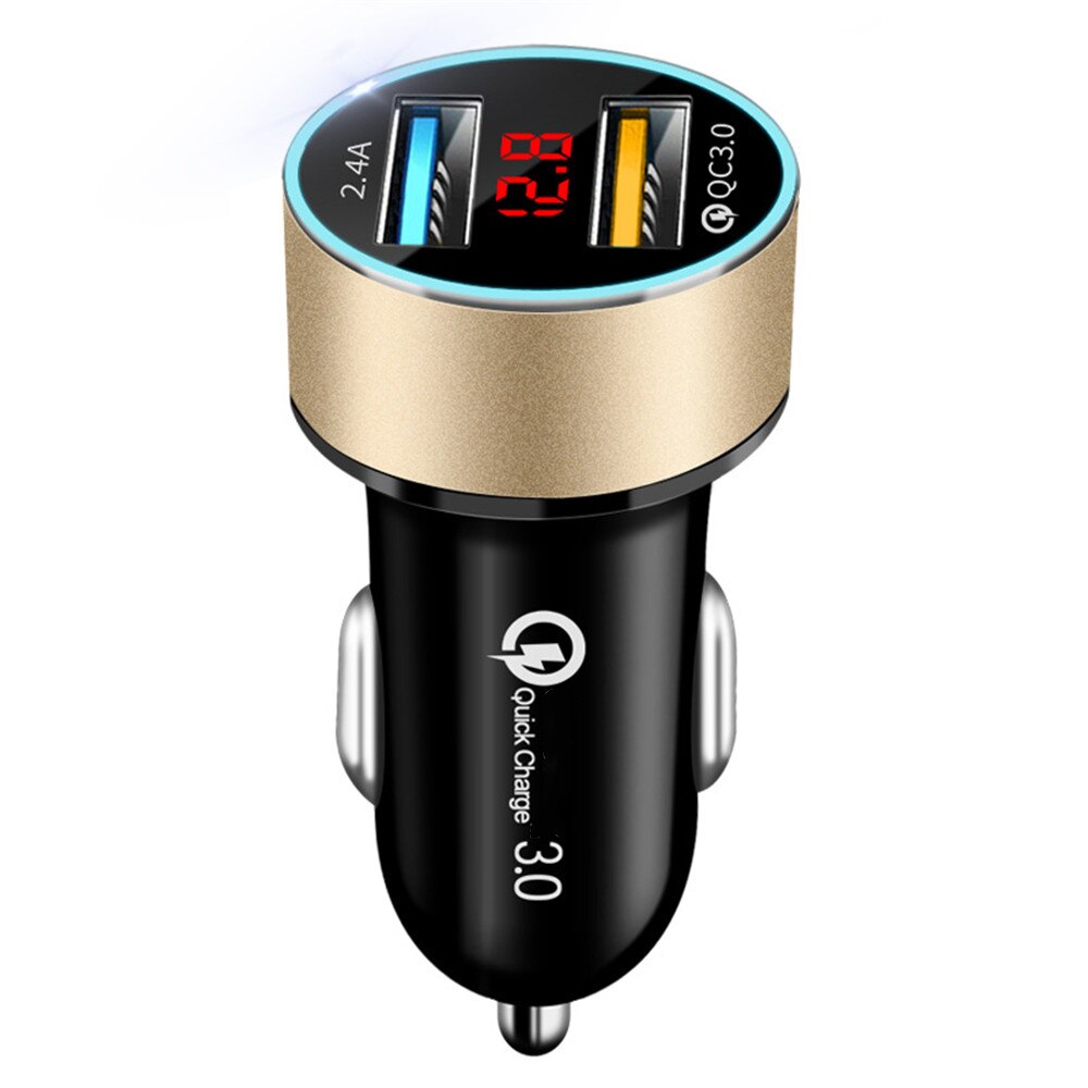 Cargador USB para coche QC3.0 + 2.4A, pantalla LCD, 12-24V, encendedor de cigarrillos, cargador rápido, adaptador Dual para coche: Gold