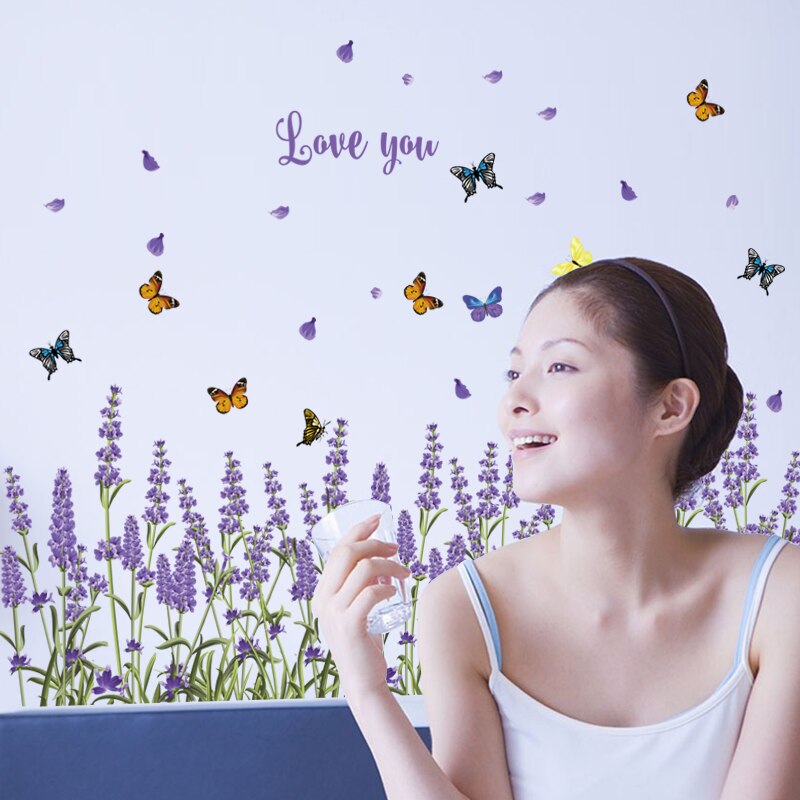 purple lavender wall stickers home decor removable lliving room kitchen bedroom window decals adhesive butterfly wall mural