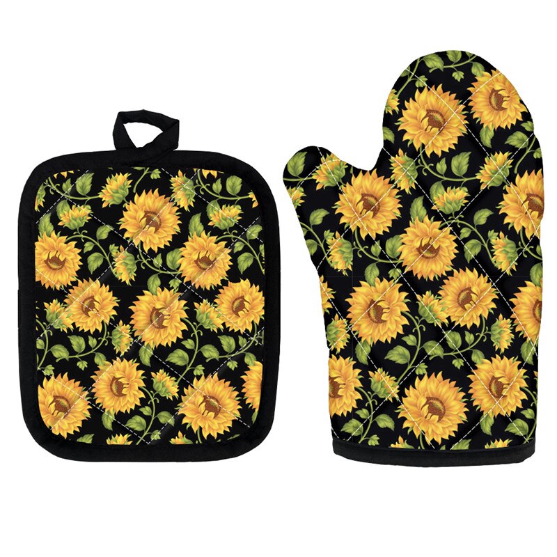 Golden Sunflowers Oven Mitts and Pot Holders Insulated Gloves for Cooking BBQ Baking Grilling Floral Style Kitchen Accessories: Z6295D19