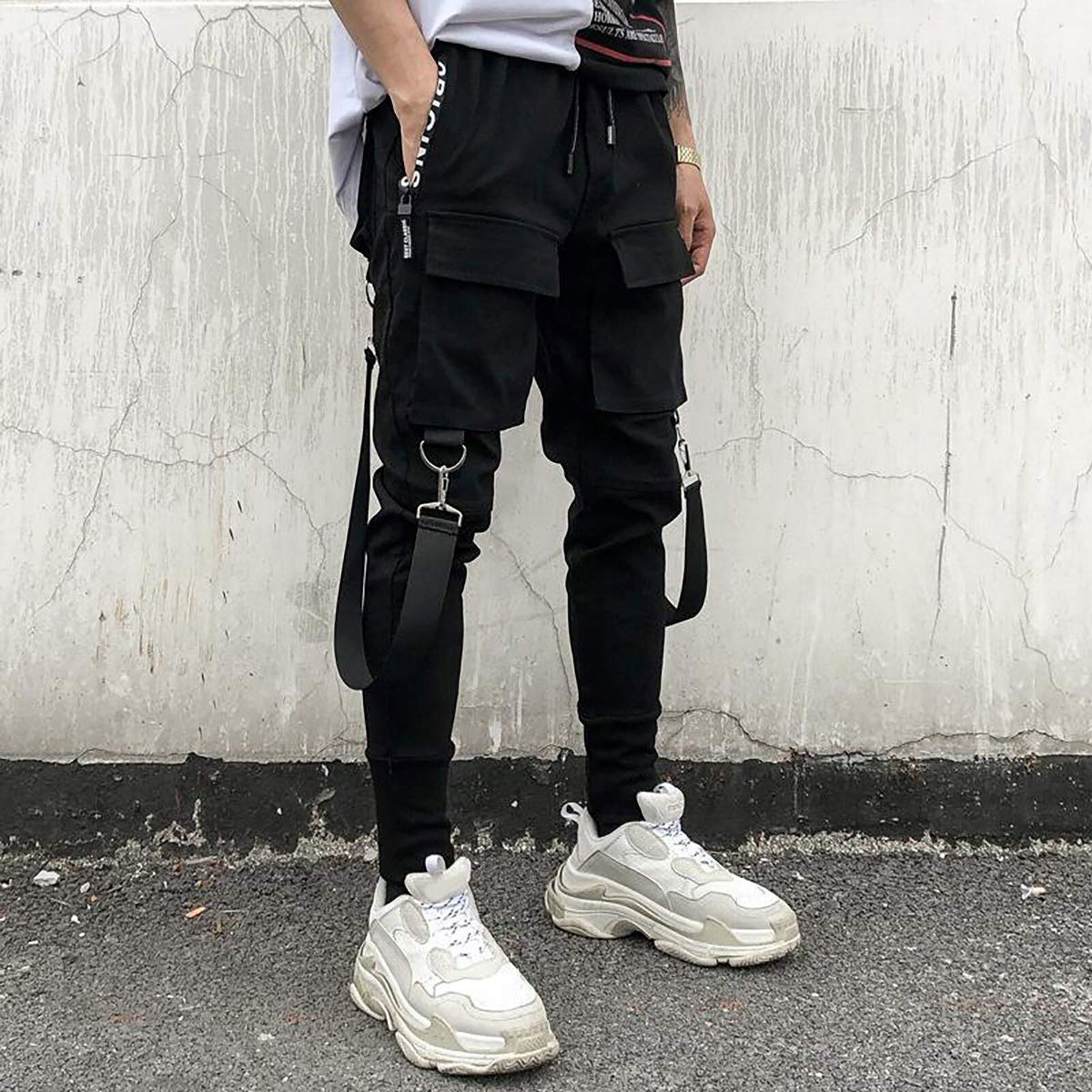 Pantalones de chándal rasgados con bolsillos para hombre, ropa deportiva para exteriores, de estilo Hip Hop, informal, para correr