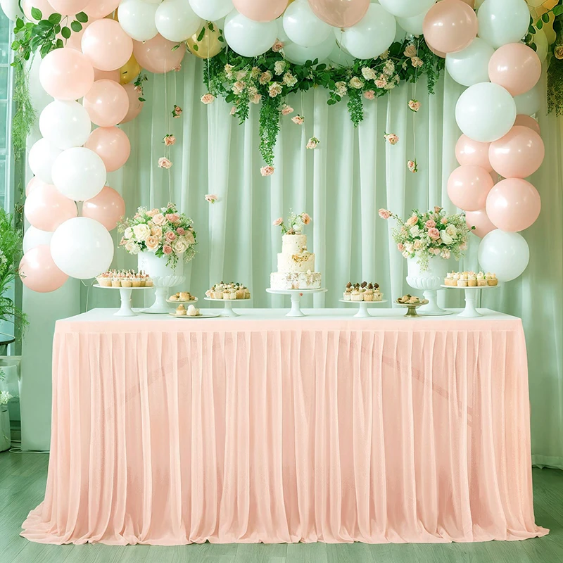 White Tulle Table Skirt Rectangle/Round Tables Ruffle Semi Sheer Tablecloths for Wedding Bridal Shower Birthday Party Decoration