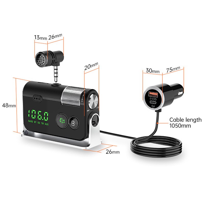 FM Transmitter Bluetooth 5.0 Car Kit Handsfree AUX Audio Receiver MP3 Player QC3.0+PD 18W USB Charger with Removable Microphone