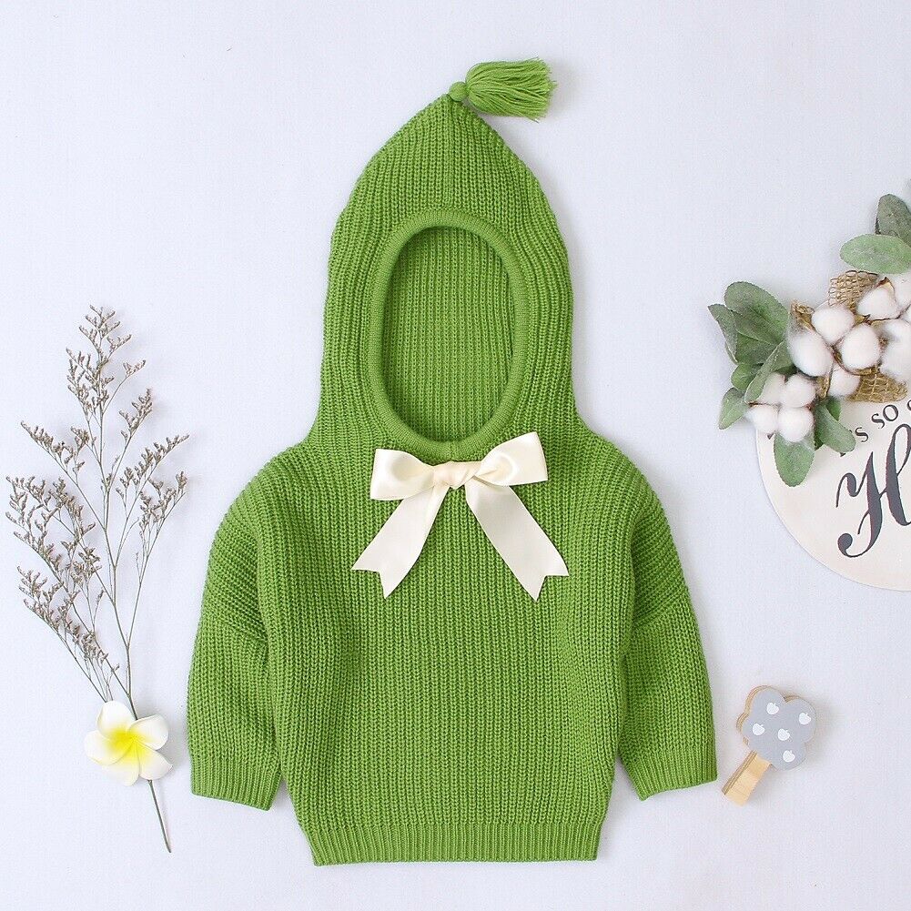 Herbst Herbst Winter Neugeborenen Kleinkind Baby Mädchen Stricken Mit Kapuze Warme Pullover Top Bowknot Feste Kleidung: B / 24M