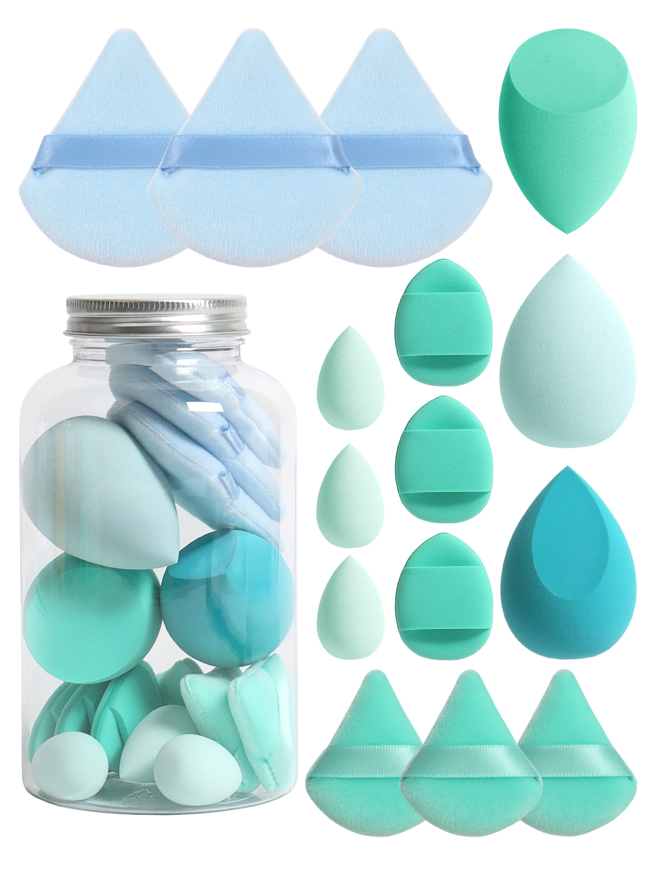 Primavera 15 latas, 3 esponjas para polvos sueltos y 3 mini esponjas para polvos sueltos y 3 mini huevos de maquillaje y 3 mini esponjas con cojín de aire, mezcla de bases: Verde