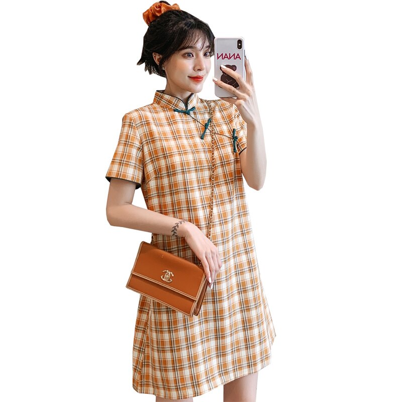 Plus Size M-4XL Yellow Check Loose Modern Cheongsam Dress Women Short Sleeve Qipao Traditional Chinese Clothes