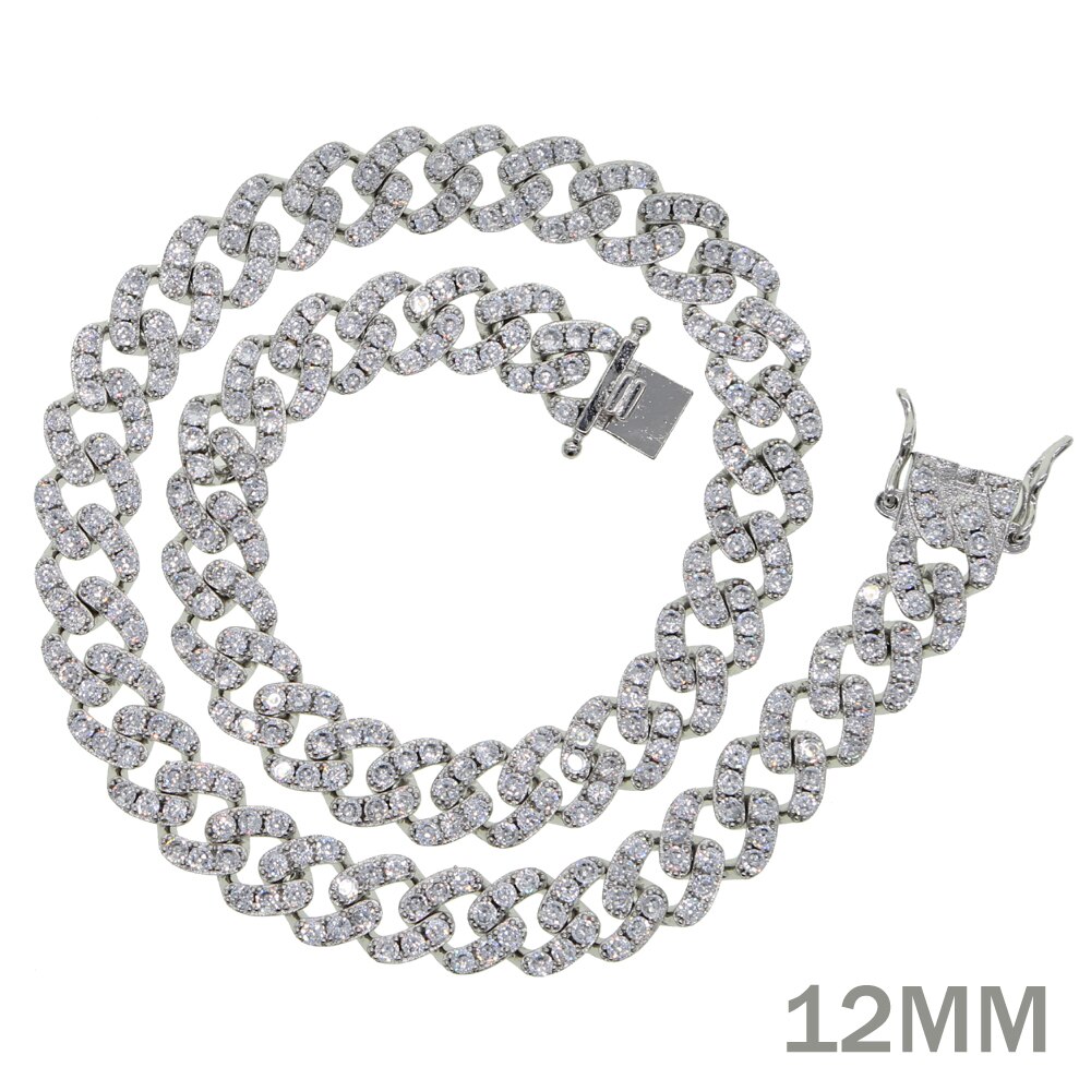 12mm Micro Pave CZ Cuban Link Necklaces pink Luxury Bling Bling choker Jewelry iced out bling zircon rock punk women men jewelry: Silver 12mm / 46cm