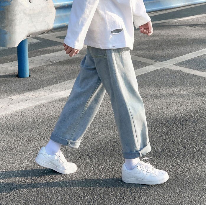 Rechte losse cropped jeans heren koreaanse streetwear heren cropped broek casual denim broek blauwe baggy hiphop jeans