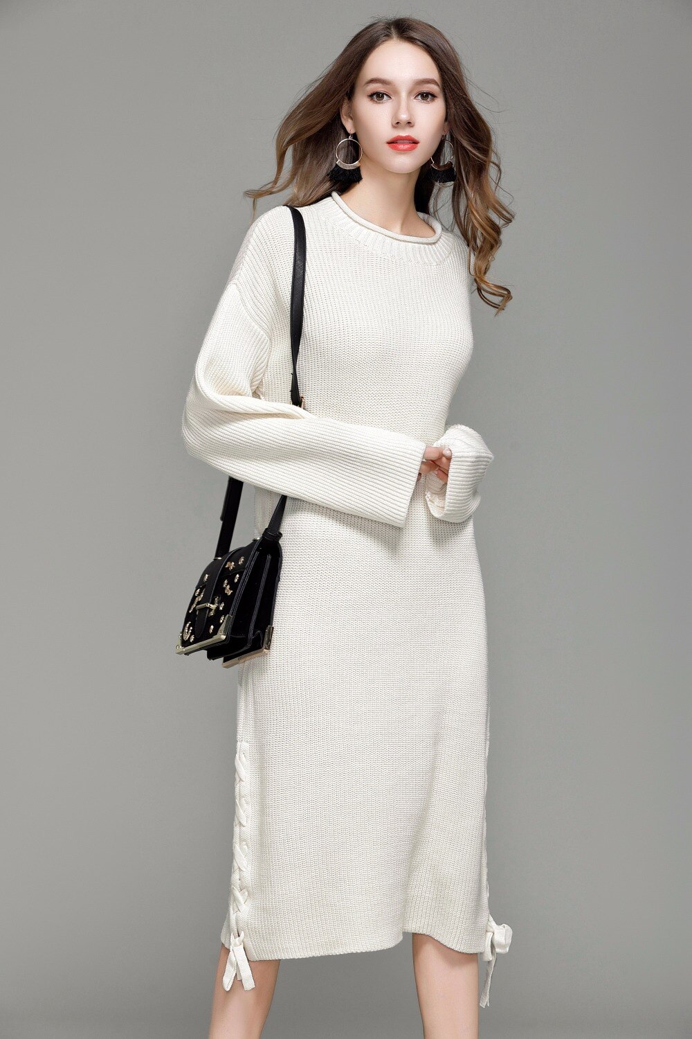 Autumn Winter Women Knitted Dress O Neck Long Sleeeve Patchwork Solid Loose Sweater Dress Vestidos de invierno