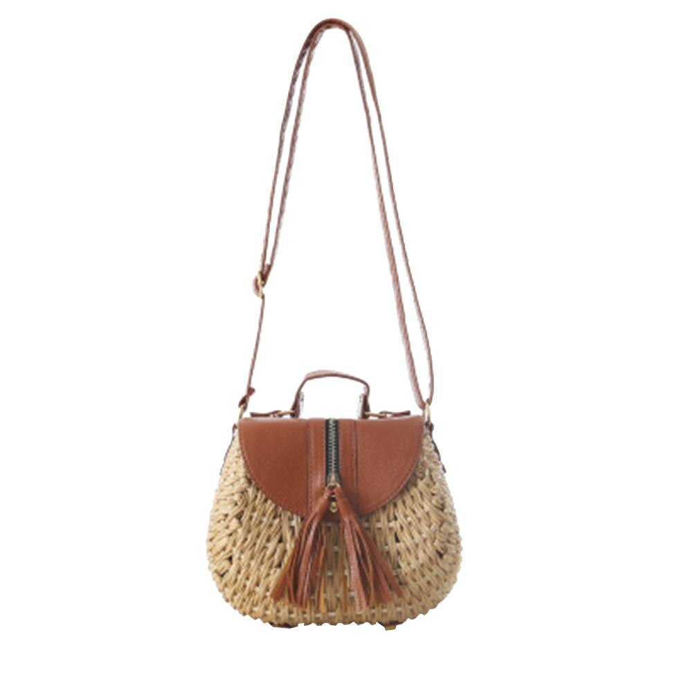 Quaste Handgemachte Stroh Woven Tasche Messenger Kausalen Runde Tasche Quaste Strand Schulter Tragetaschen Für Frauen Mädchen Handtasche: Khaki