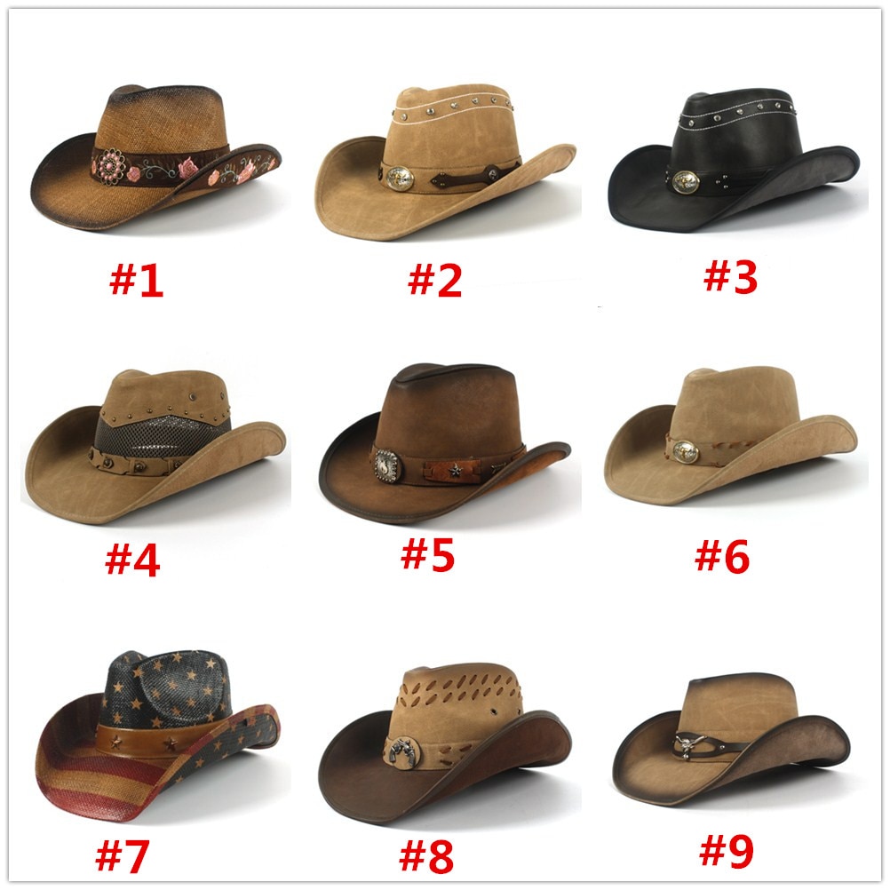 Cowboy hatte kvinder mænd western cowboy hat til far gentleman lady læder sombrero hombre jazz caps størrelse 58cm