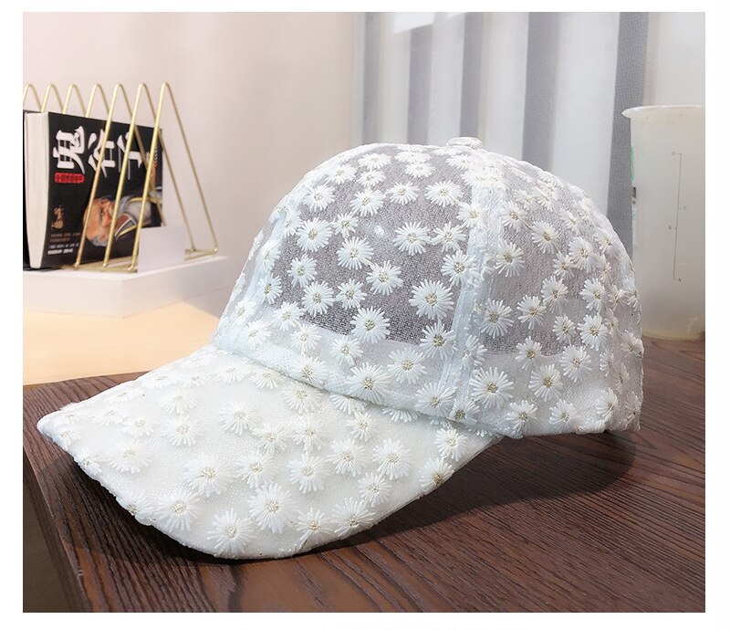 Uspop Baseball Caps Zomer Ademende Cap Geborduurde Bloemen Cap Ins Chrysant Kant Ademend Baseball Cap: WHITE