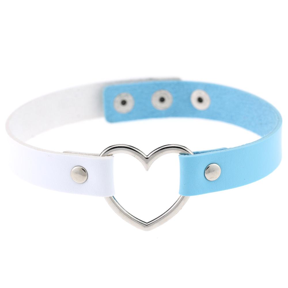 1PC Multi-Color Harajuku Punk Lady Gothic Leather Choker Heart Chain Spike Rivet Buckle Collar Necklace: white light blue