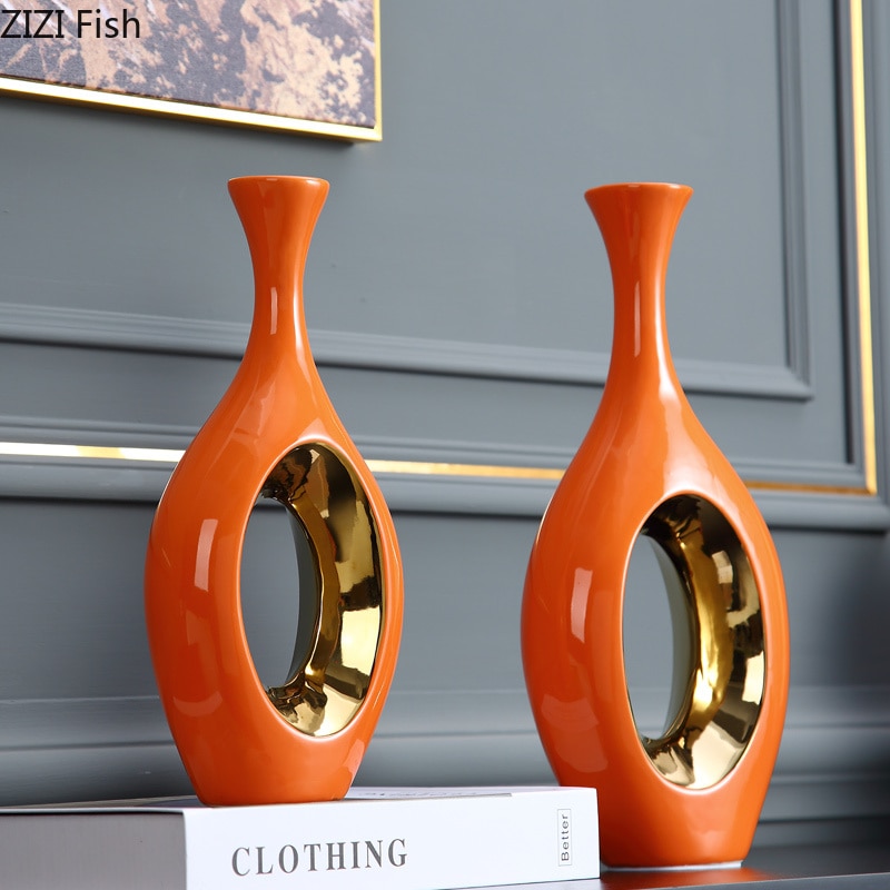 Modern Luxury Orange Phnom Penh Ceramic Vase Living Room Entrance Family Decoration Hollow Flower Vase Home Decoration