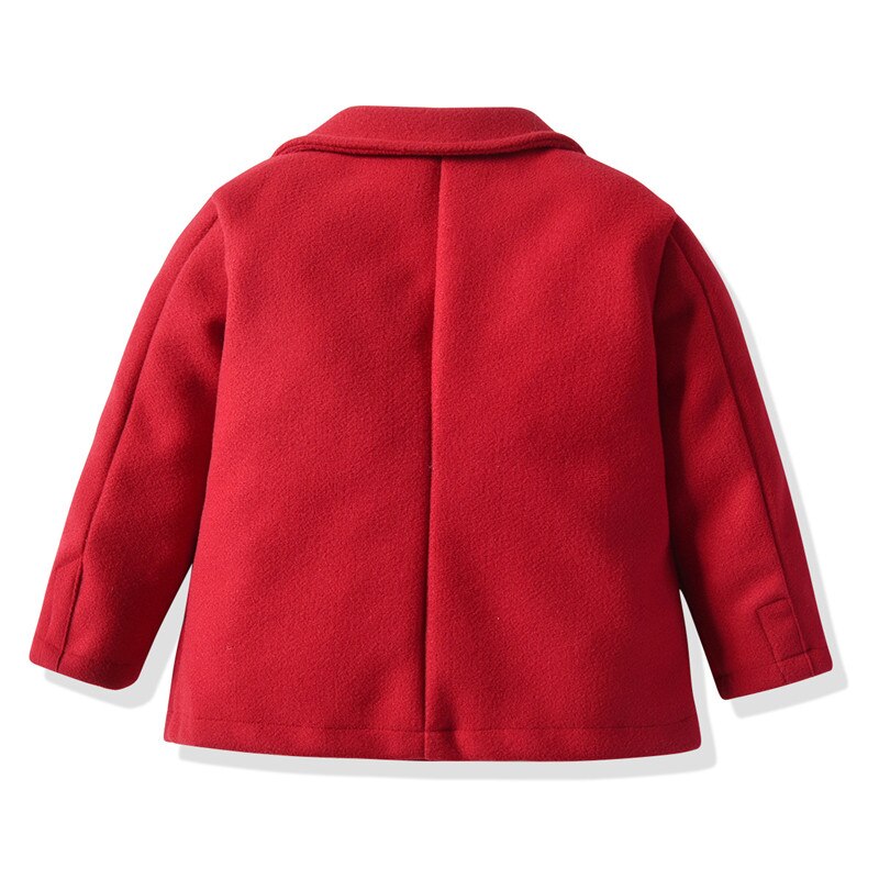 Baby dreng gentleman efterår vinter varm uldfrakke outfit v-hals solid rød farve langærmet knap topjakke outwear med lomme